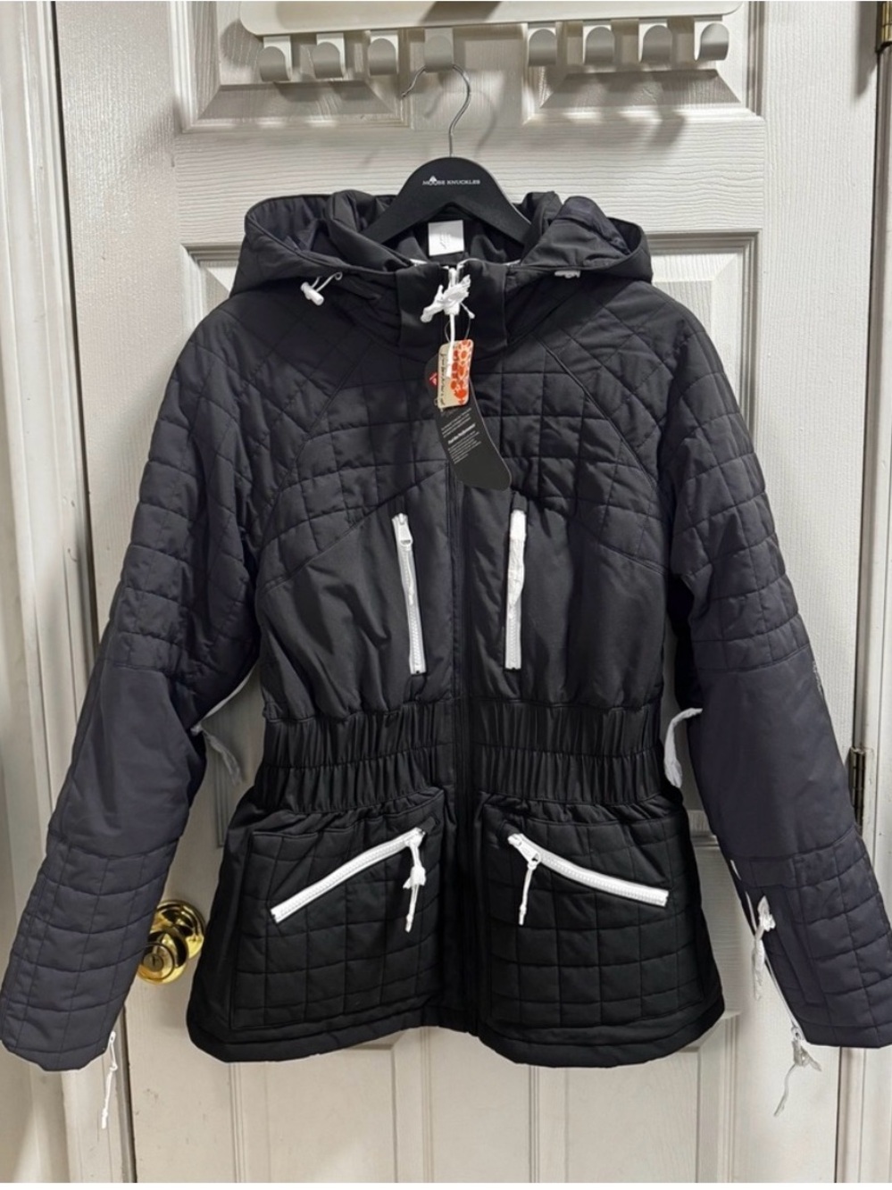Free People All Prepped Black Quilted Hooded Ski Jacket with White Zippers